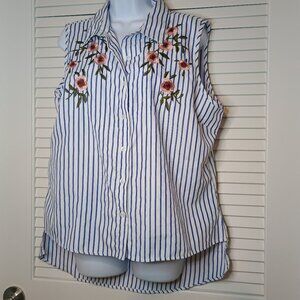 Stem and Vine high low striped embroidered rose short sleeve shirt size large